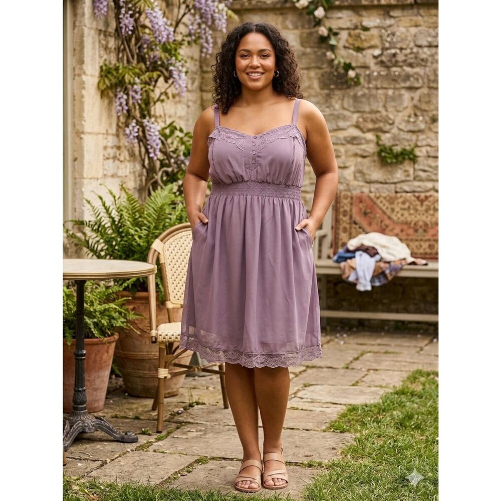 Adorable Dark Lavender Coquette Fit and Flare Midi Dress with Lace Details